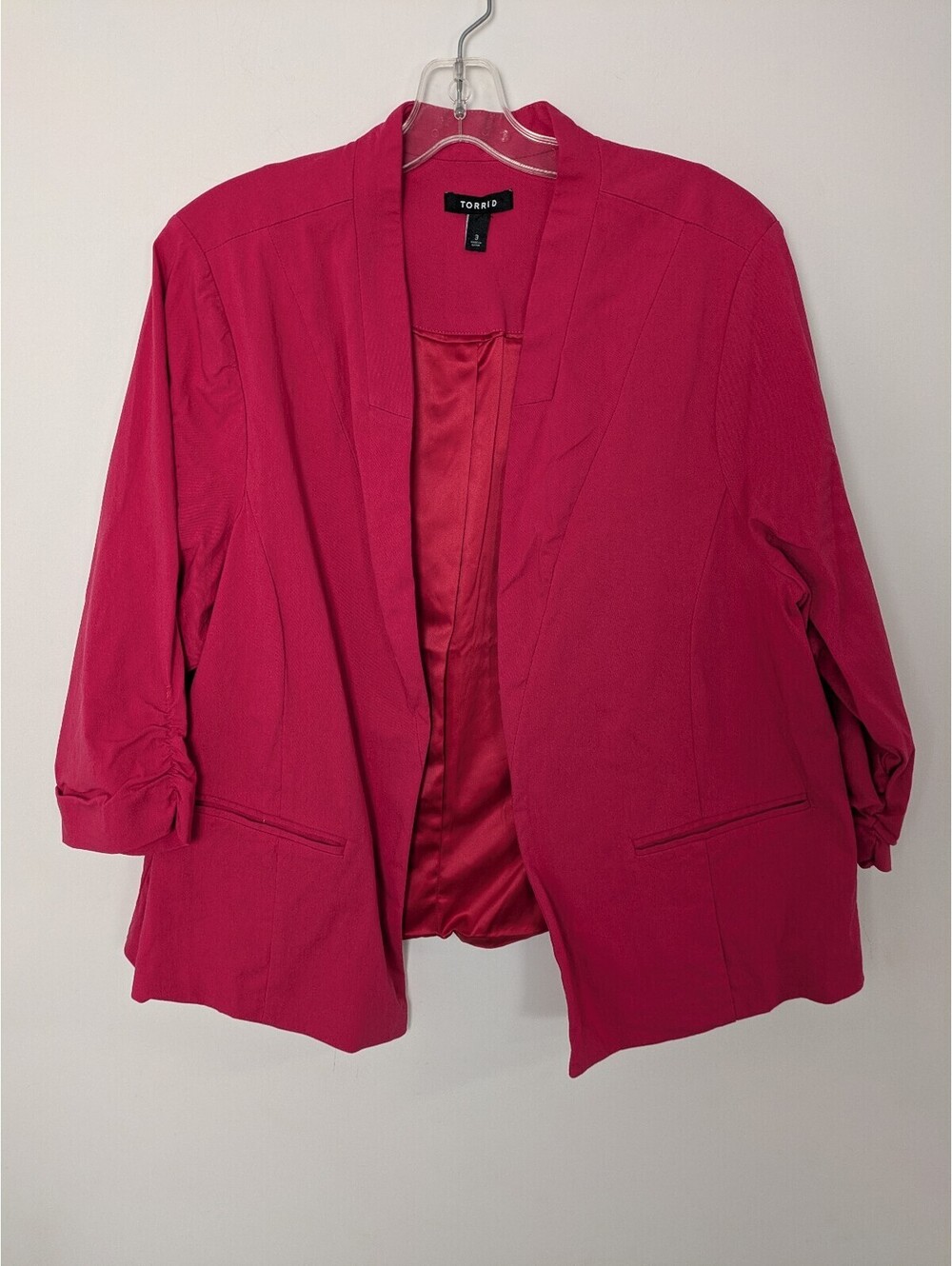 Torrid Magenta Hot Pink Ruched 3/4 Sleeve Open Front Stretch Blazer Plus Size 3X